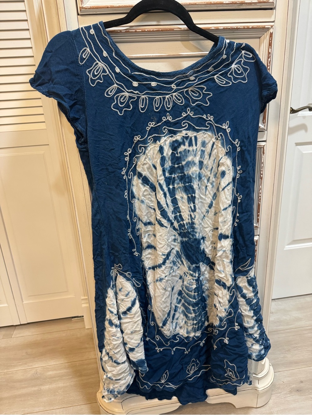 Women's Blue Tie-Dye Embroidered Long Sleeve Dress